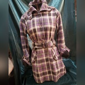 💜 LA Kitty Plaid Short Trench Coat - Purple & Black Belted Jacket w/Snaps M 💜